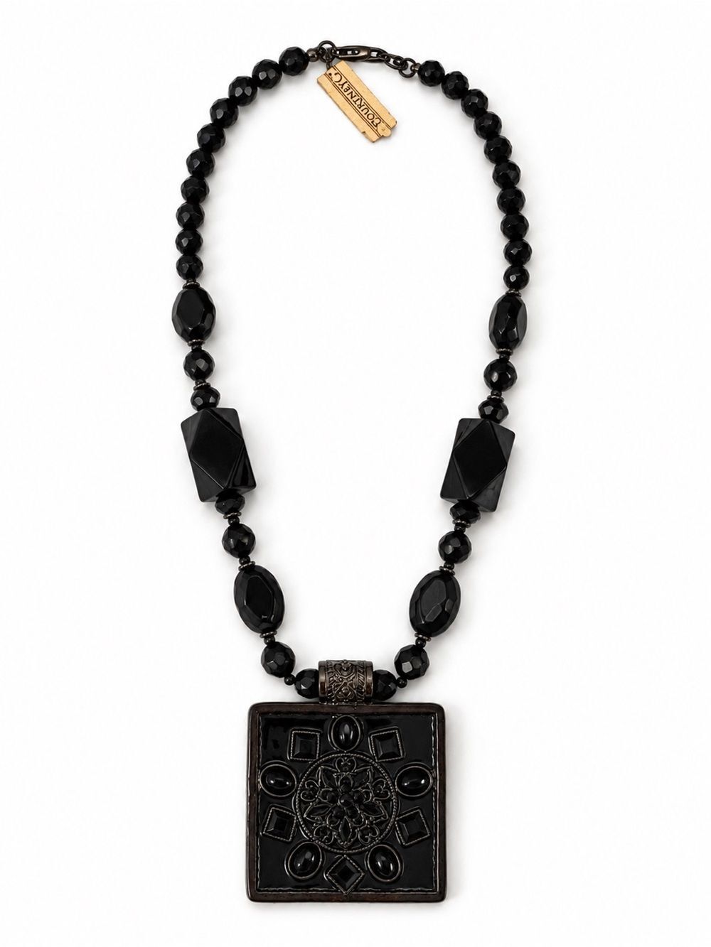 Courtney G NWT Vintage Black Bead Necklace Large Square Medal Statement Pendant